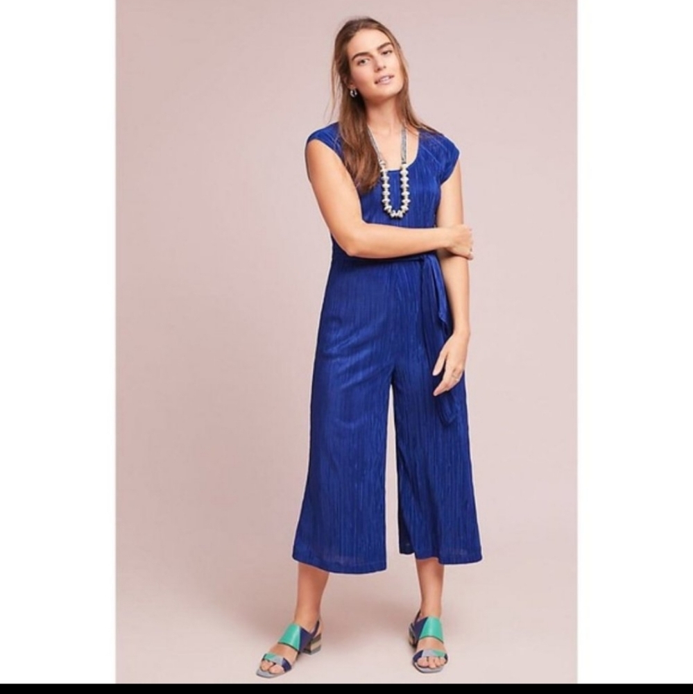 Maeve Anthropologie Blue Sleeveless Velvet Wide Leg Pleated Jumpsuit Pantsuit
